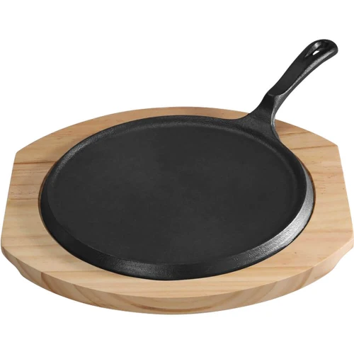 Patelnia żeliwna z podstawą drewnianą, rant niski, Ø 255 mm 049018