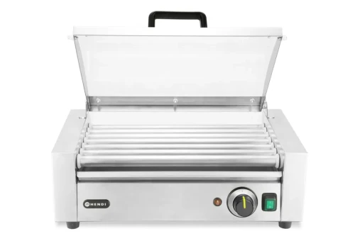 Podgrzewacz rolkowy do parówek jednostrefowy, z energooszczędną pokrywą, HENDI, 7 rolek, 230V/620W, 566x375x(H)259mm 268636