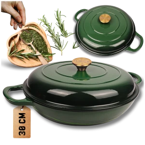 HAGE Niski garnek żeliwny emaliowany 30cm butelkowa zieleń 3l